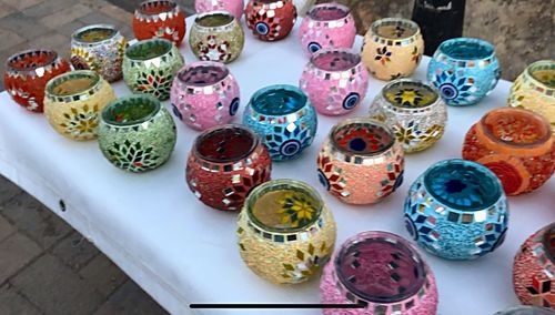 High angle view of multi colored objects on table