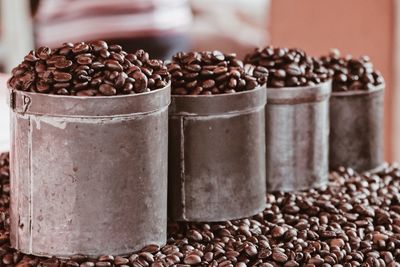 Close-up of roasted coffee beans for sale in store