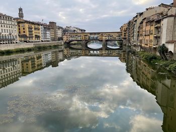 Arch bridge over river by buildings against sky