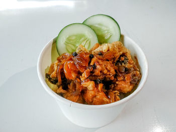 High angle view of meal served in bowl on table