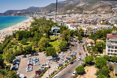 High angle view of the alanya cable car and cleopatra beach in the background in alanya, antalya