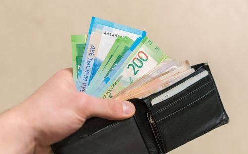 Cropped hand holding wallet with paper currencies
