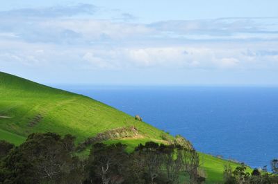 Scenic view of green landscape and sea against sky