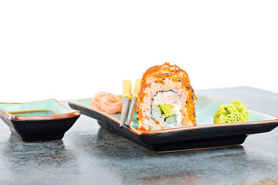 Close-up of food served on table