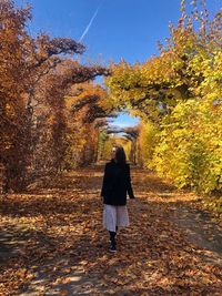 Rear view of woman walking on field against sky during autumn