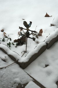 High angle view of snow covered field