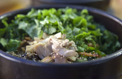 Close-up of meat and salad in bowl