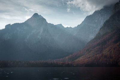 Scenic view of lake and mountains against sky