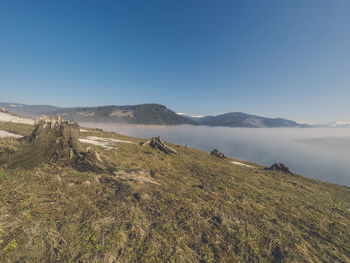 Scenic view of landscape against clear blue sky