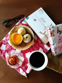 High angle view of breakfast on table