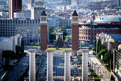 High angle view of buildings in city