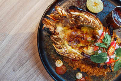 High angle view of food in plate on table