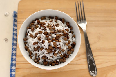 High angle view of food in bowl on table