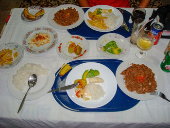 High angle view of breakfast served on table