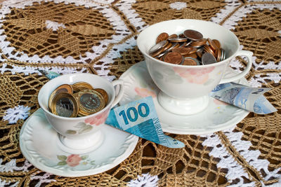 High angle view of coffee and cups on table