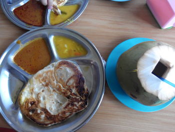 High angle view of breakfast served on table