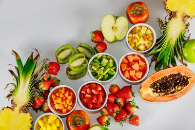 High angle view of fruits and vegetables on table