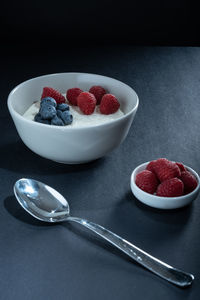 High angle view of dessert in bowl on table