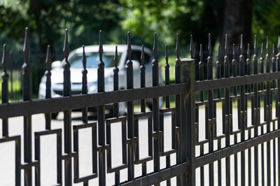 Close-up of metal fence against trees