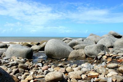 Scenic view of sea against blue sky