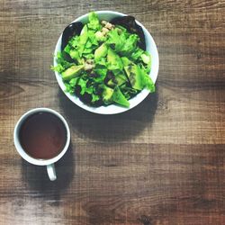 High angle view of salad in bowl on table