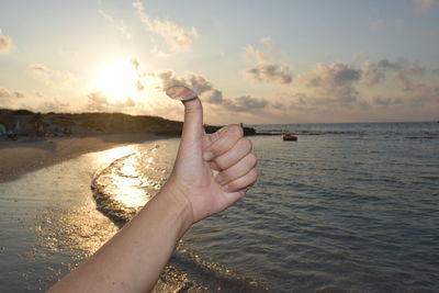 Close-up of woman hand holding sea clam against sunset sky