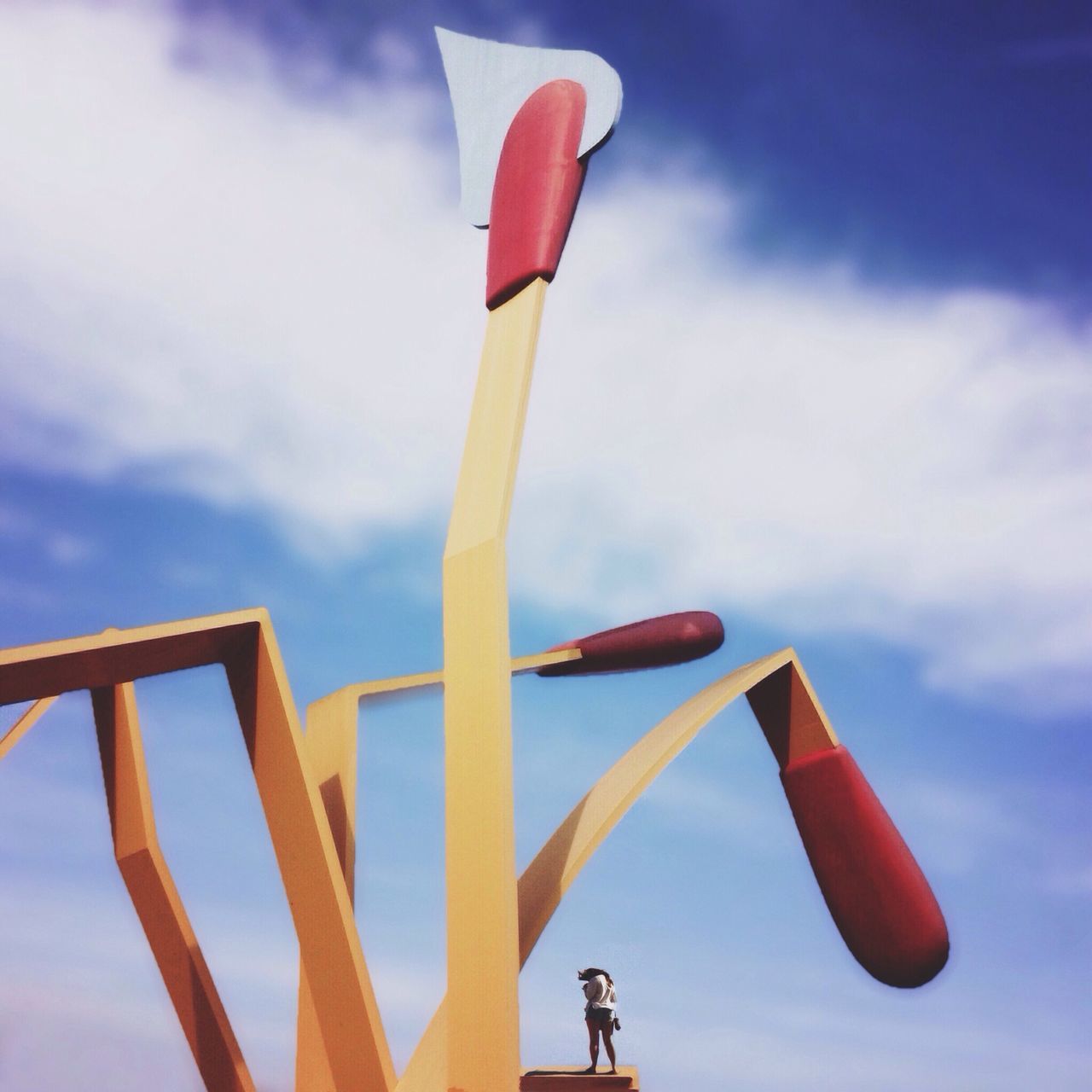 sky, low angle view, cloud - sky, red, cloud, hanging, pole, no people, flag, outdoors, day, close-up, cloudy, blue, focus on foreground, part of, sunlight, metal, rope, nature