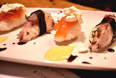 Close-up of sushi served in plate