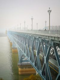 Bridge over river in city against clear sky