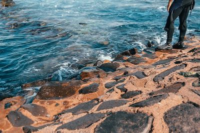 Low section of person standing on rock at sea shore