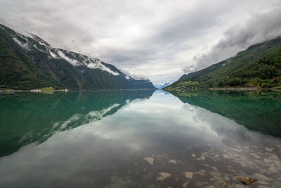 Scenic view of lake and mountains against cloudy sky