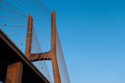 Low angle view of suspension bridge against blue sky