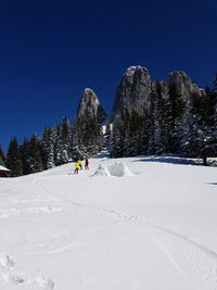 People walking on snowcapped mountain against sky