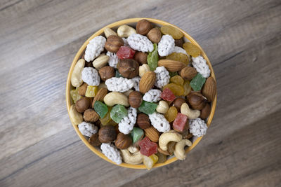 High angle view of strawberries in bowl on table