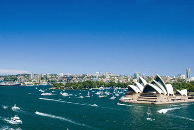 Panoramic view of buildings against clear blue sky