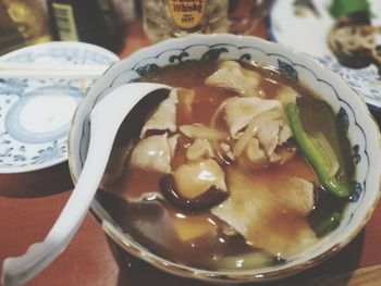 Close-up of soup in bowl on table