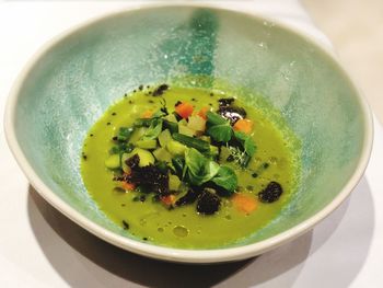 High angle view of soup in bowl on table