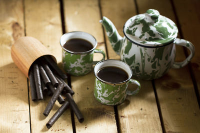 High angle view of tea cup on table