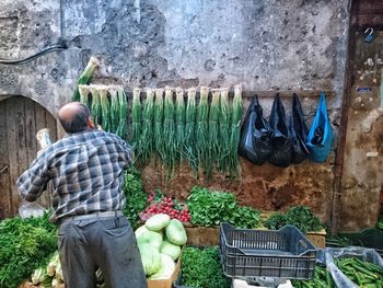 Rear view of man standing by plants