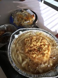 High angle view of food in plate on table