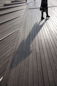 Low section of man walking on boardwalk