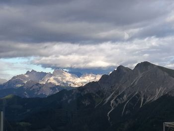 Scenic view of mountains against cloudy sky