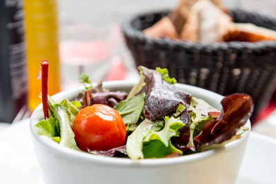 Close-up of salad in bowl on table