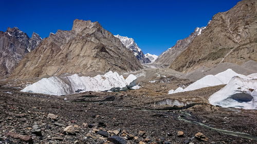 Scenic view of snowcapped mountains against clear blue sky