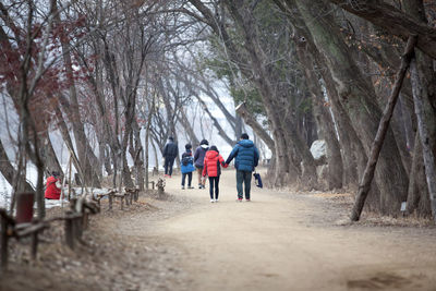 Rear view of people walking in snow