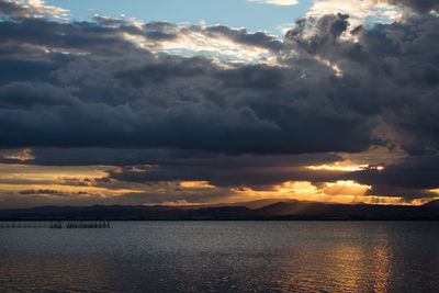 Scenic view of sea against dramatic sky