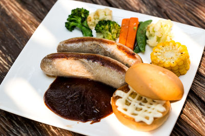 High angle view of meal served on table
