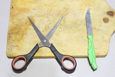 High angle view of various equipment on table