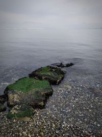 High angle view of rocks on beach against sky