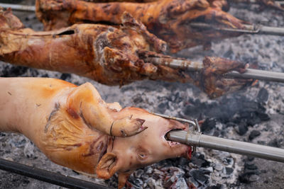 Close-up of meat on barbecue grill